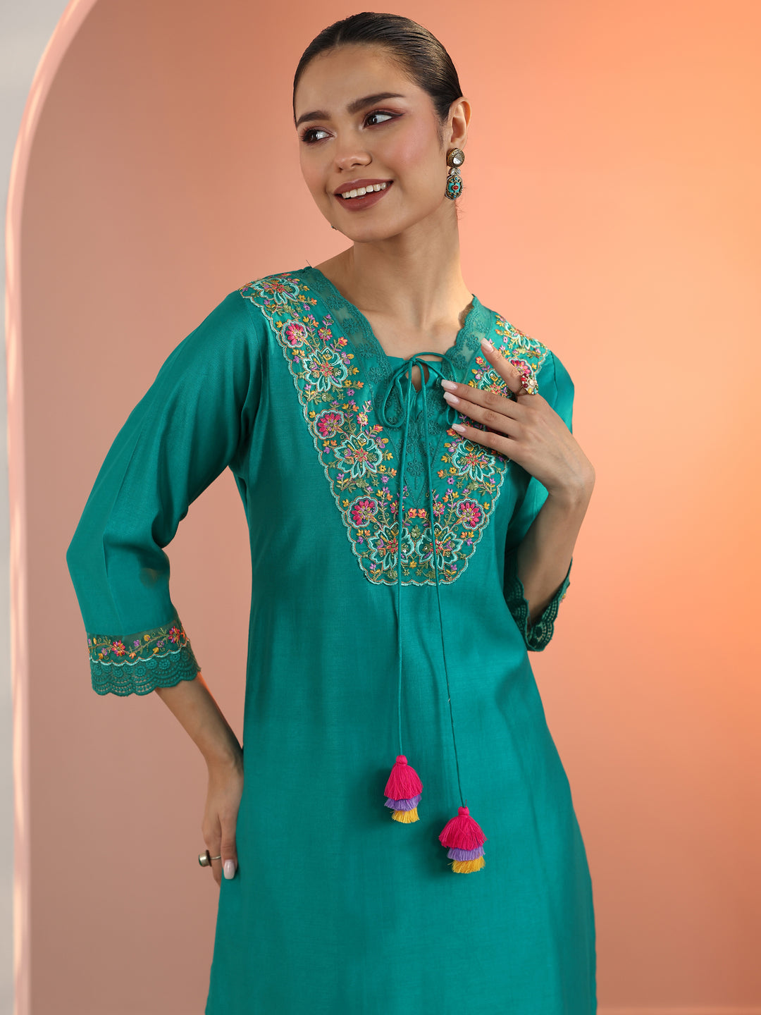 Blue Embroidered Silk Blend Straight Suit Set With Dupatta