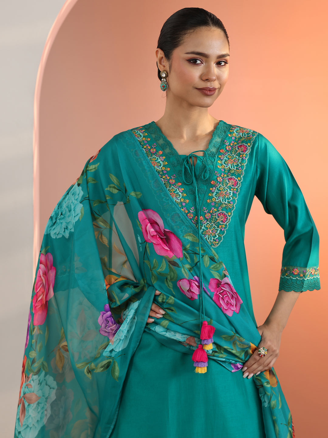 Blue Embroidered Silk Blend Straight Suit Set With Dupatta