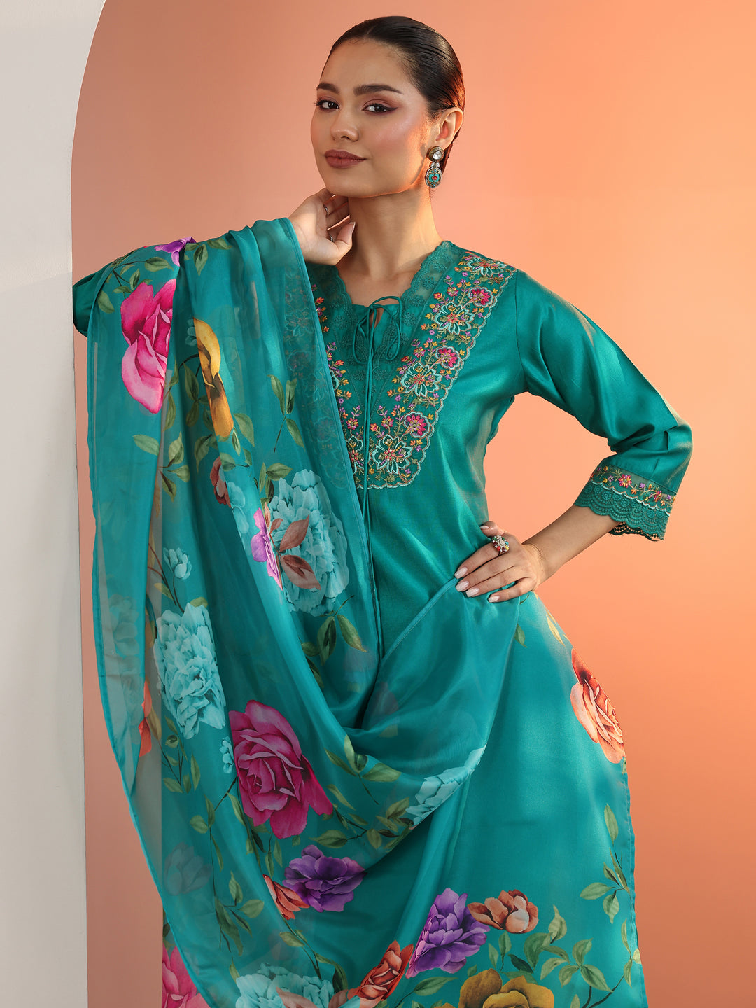 Blue Embroidered Silk Blend Straight Suit Set With Dupatta
