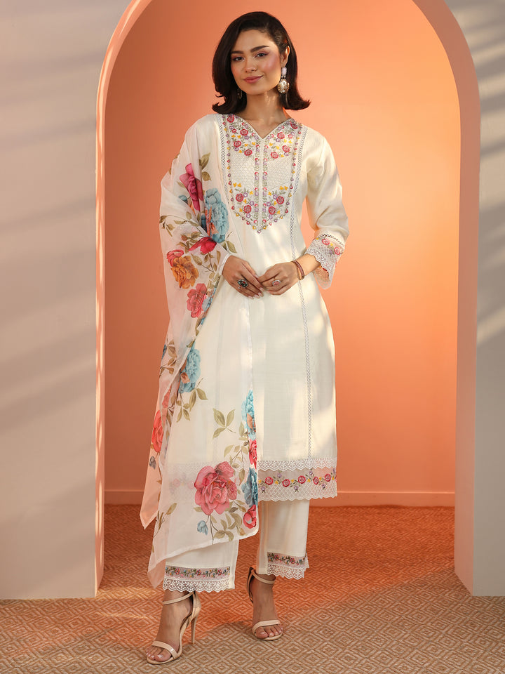 Off White Embroidered Silk Blend Straight Suit Set With Dupatta