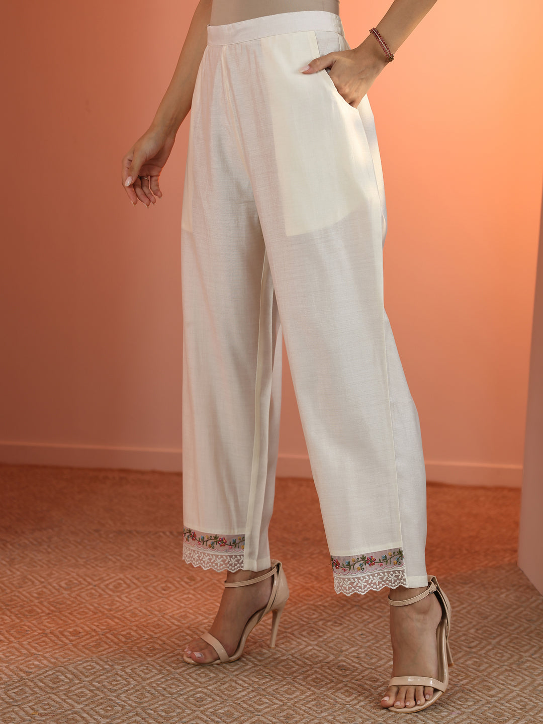 Off White Embroidered Silk Blend Straight Suit Set With Dupatta