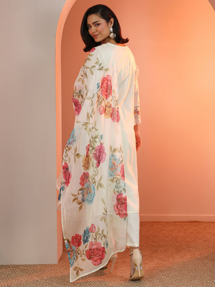 Off White Embroidered Silk Blend Straight Suit Set With Dupatta