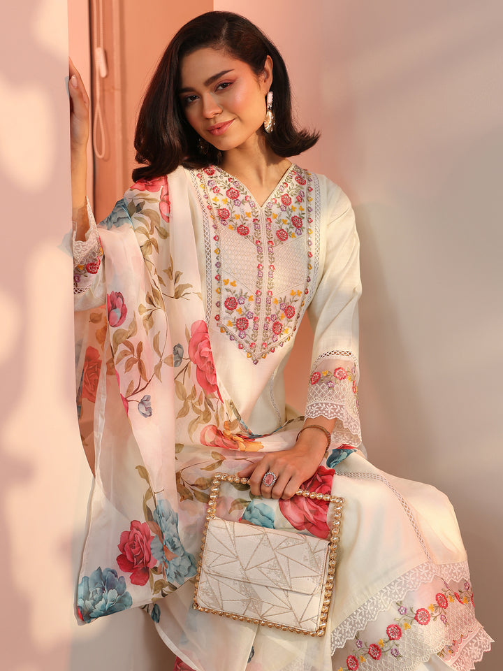 Off White Embroidered Silk Blend Straight Suit Set With Dupatta