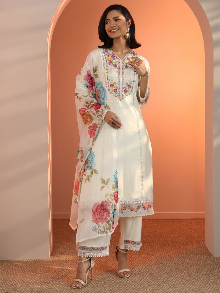 Off White Embroidered Silk Blend Straight Suit Set With Dupatta
