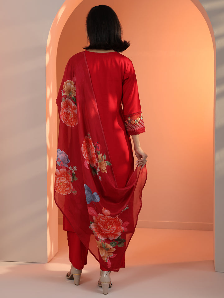 Red Embroidered Silk Blend Straight Suit Set With Dupatta