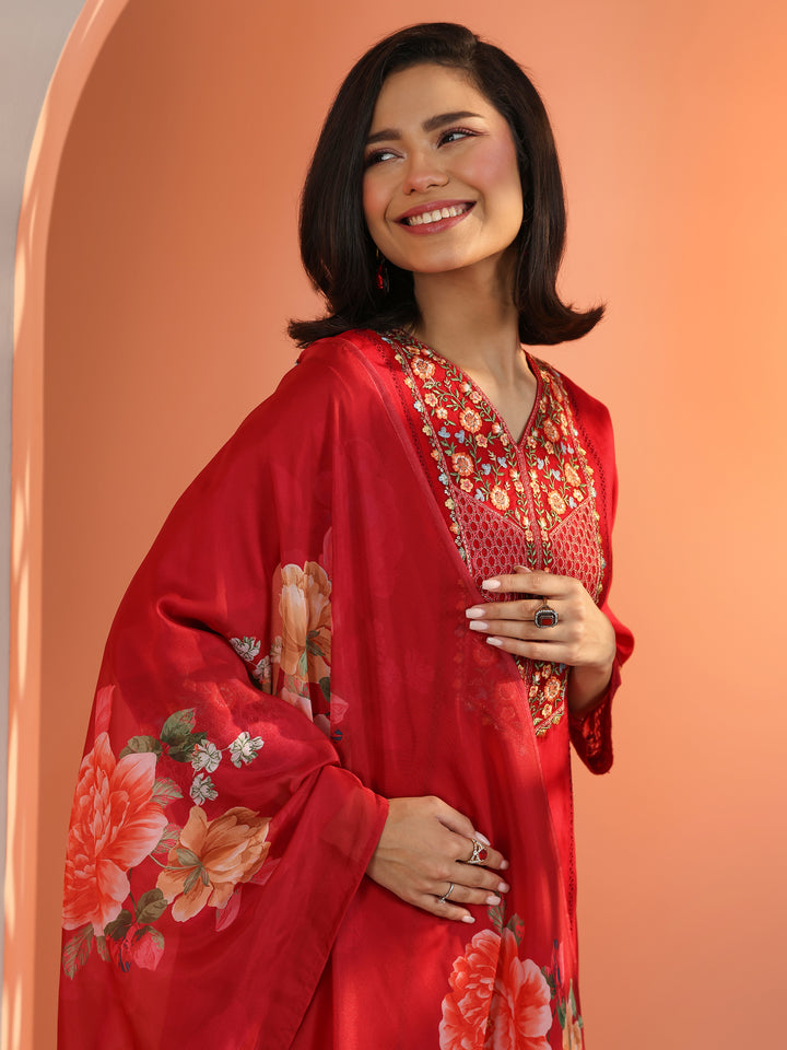 Red Embroidered Silk Blend Straight Suit Set With Dupatta