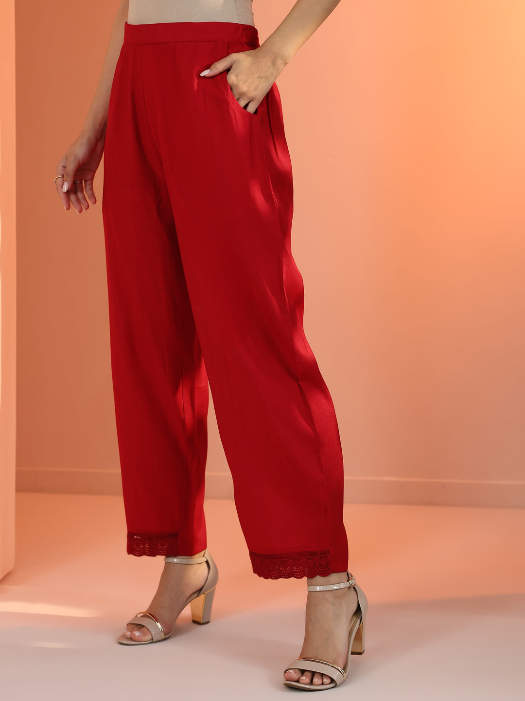 Red Embroidered Silk Blend Straight Suit Set With Dupatta