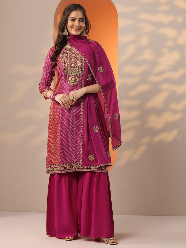 Pink Printed Chinon Straight Suit Set With Dupatta