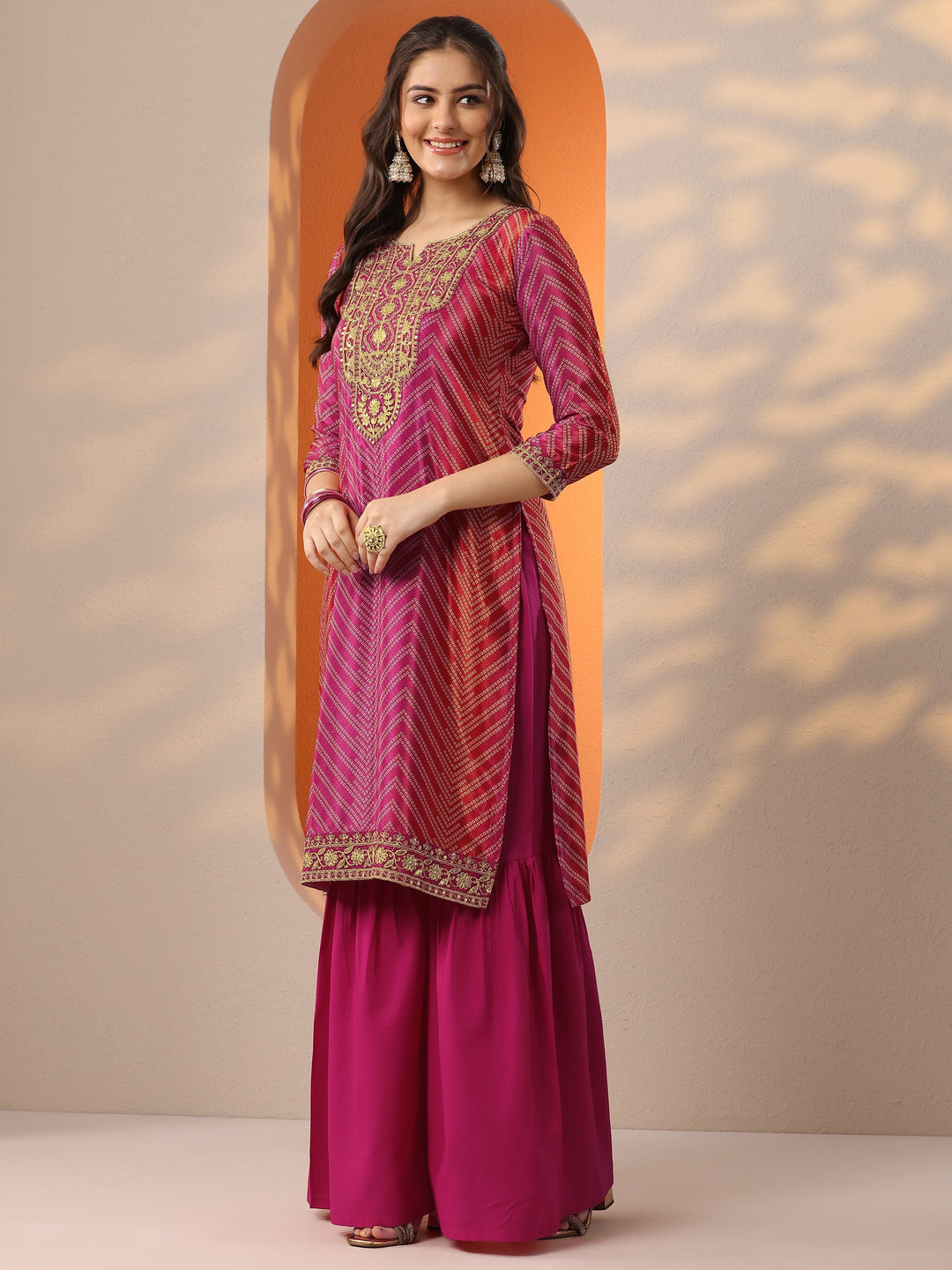 Pink Printed Chinon Straight Suit Set With Dupatta