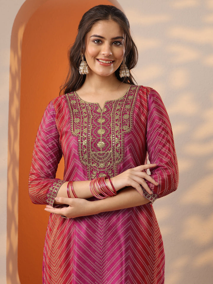 Pink Printed Chinon Straight Suit Set With Dupatta