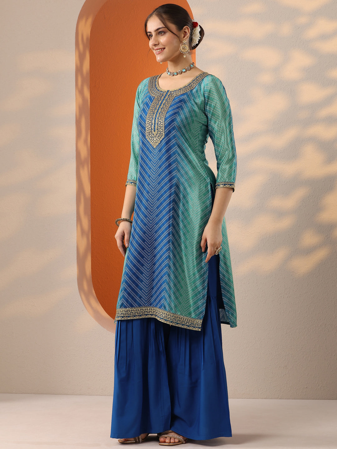 Blue Printed Chinon Straight Suit Set With Dupatta