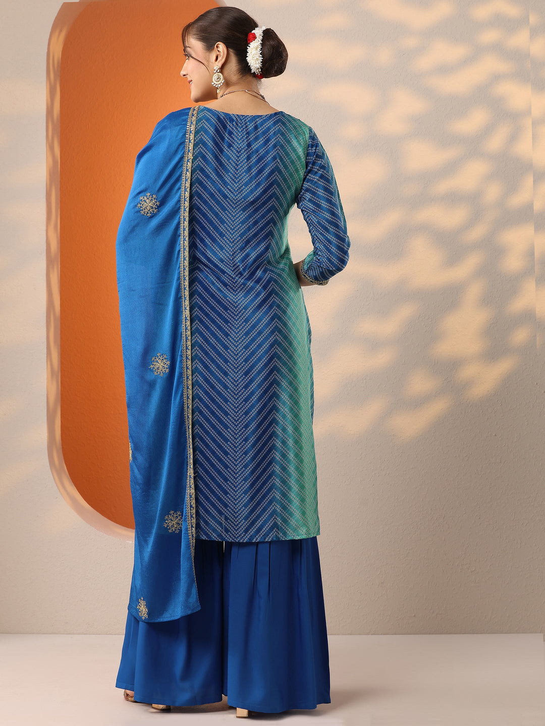 Blue Printed Chinon Straight Suit Set With Dupatta