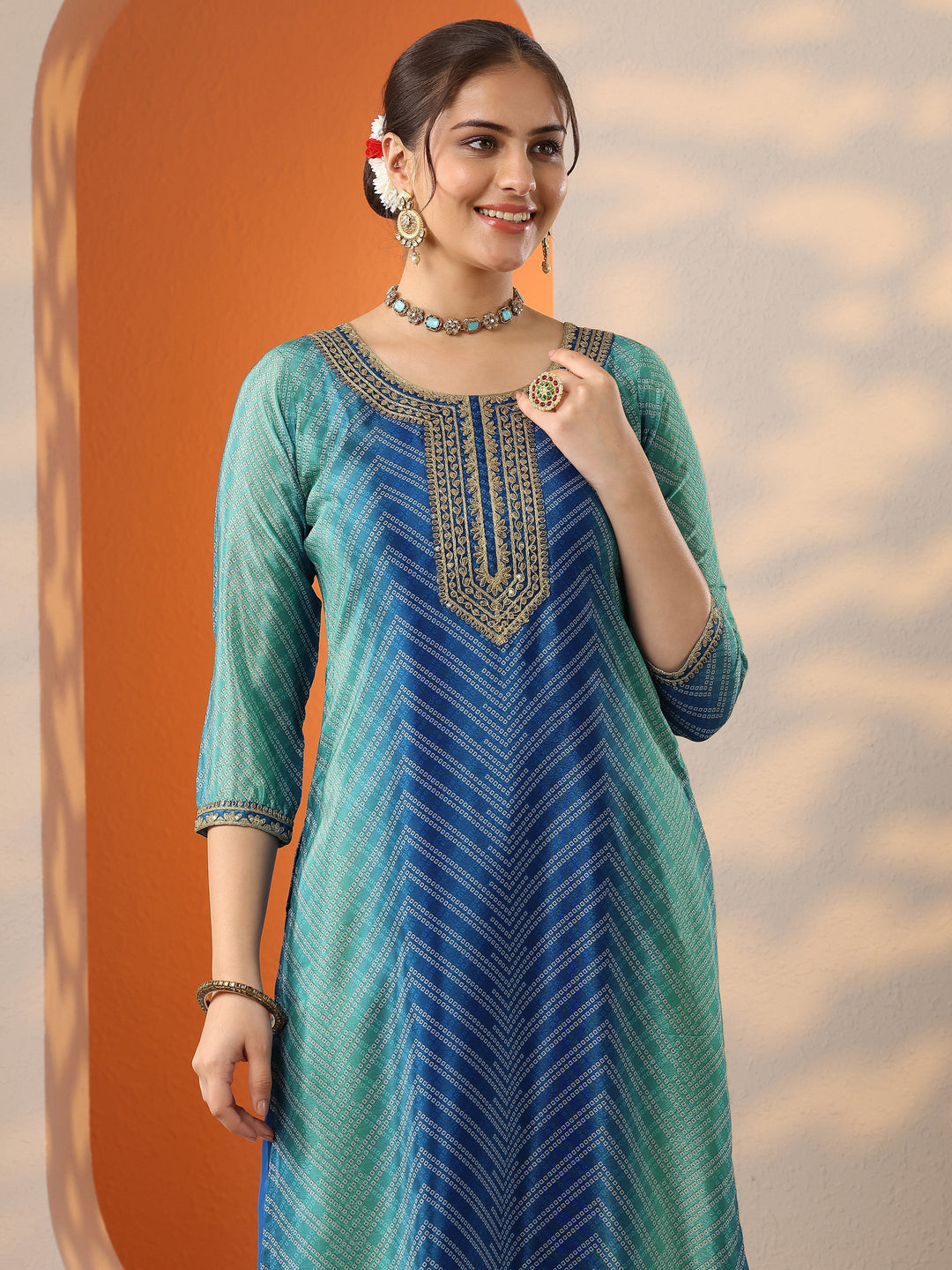 Blue Printed Chinon Straight Suit Set With Dupatta