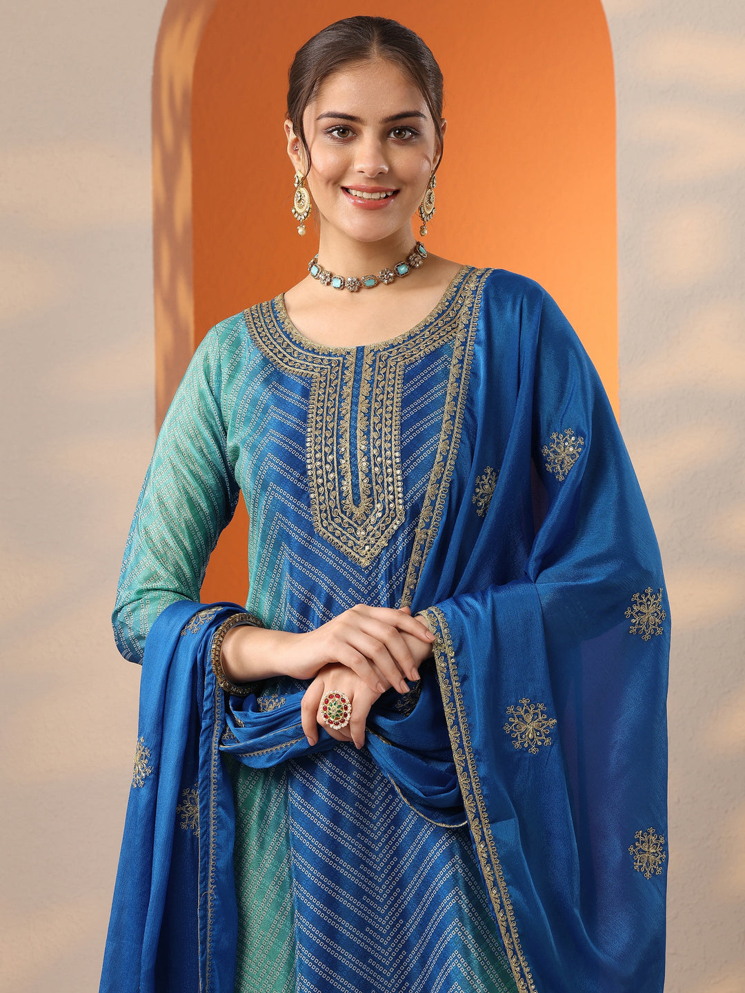 Blue Printed Chinon Straight Suit Set With Dupatta