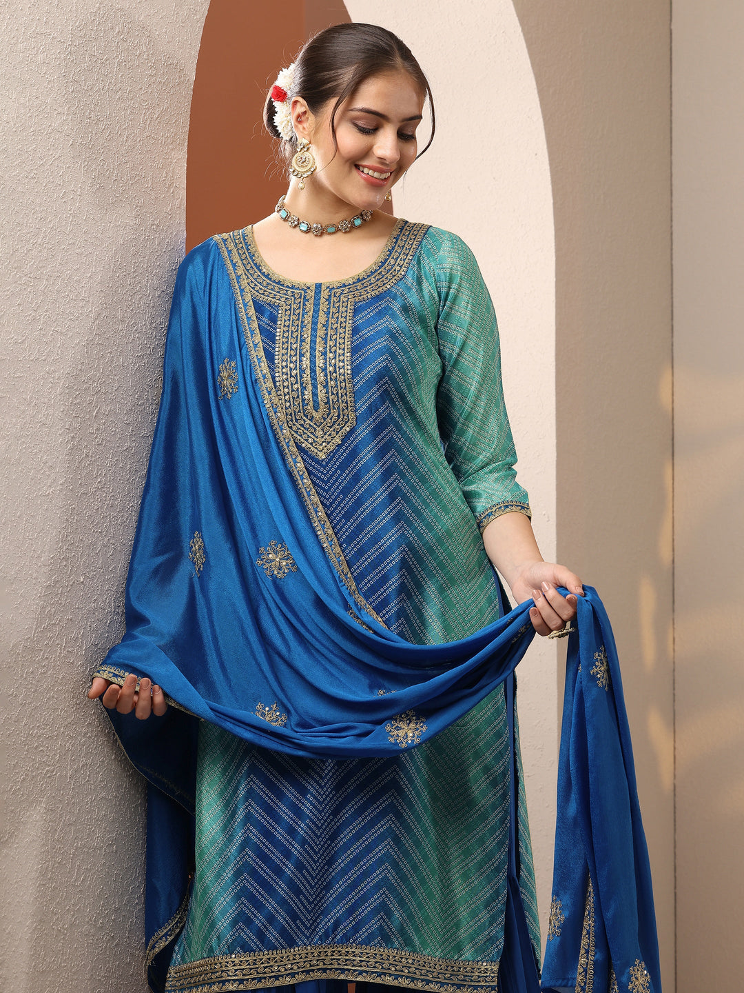 Blue Printed Chinon Straight Suit Set With Dupatta