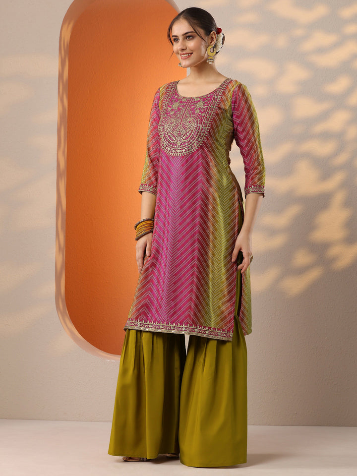 Pink Printed Chinon Straight Suit Set With Dupatta