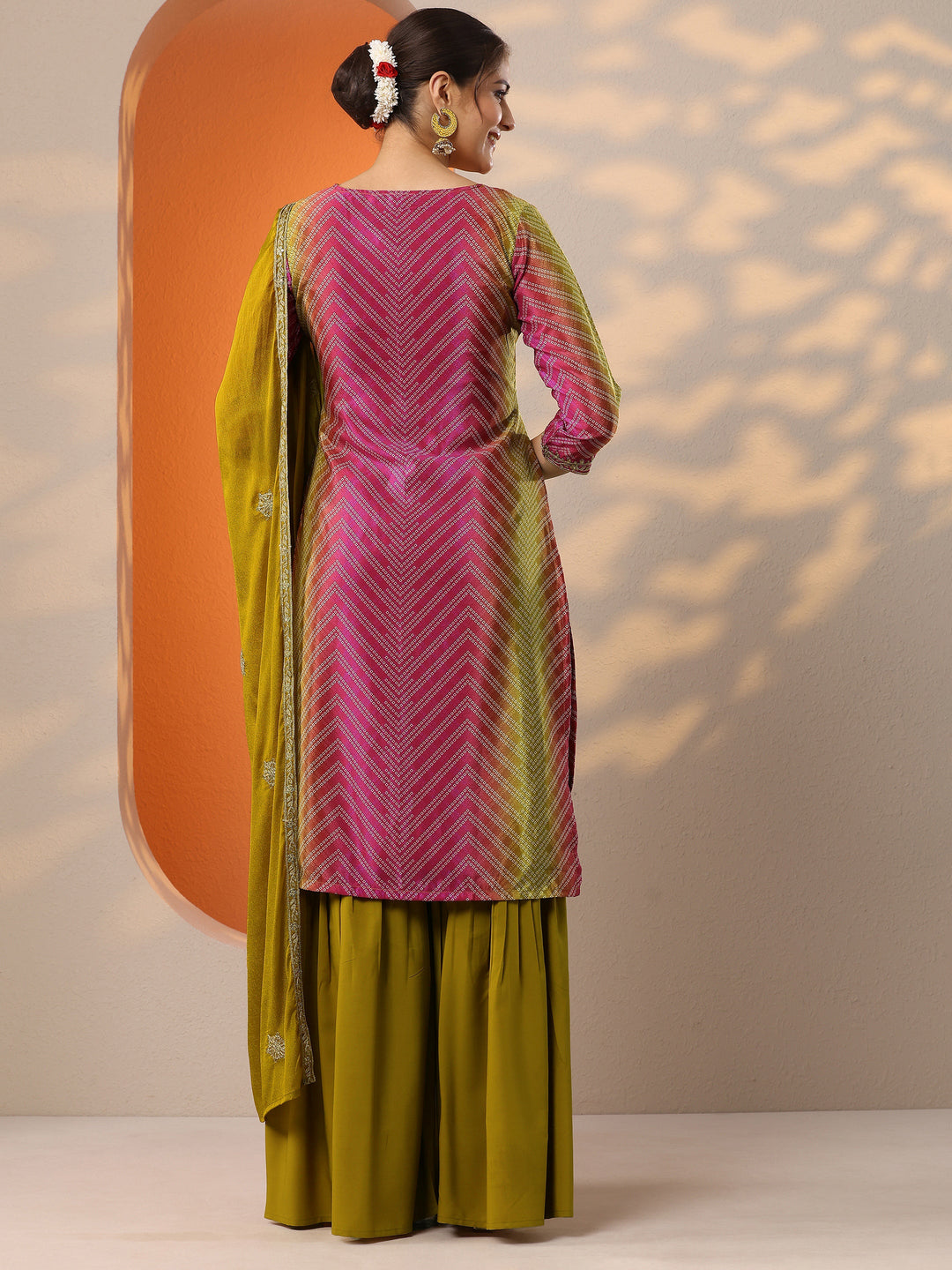 Pink Printed Chinon Straight Suit Set With Dupatta