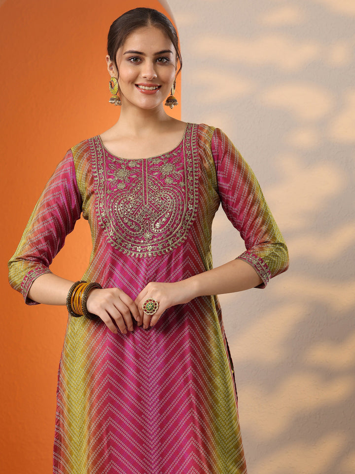 Pink Printed Chinon Straight Suit Set With Dupatta