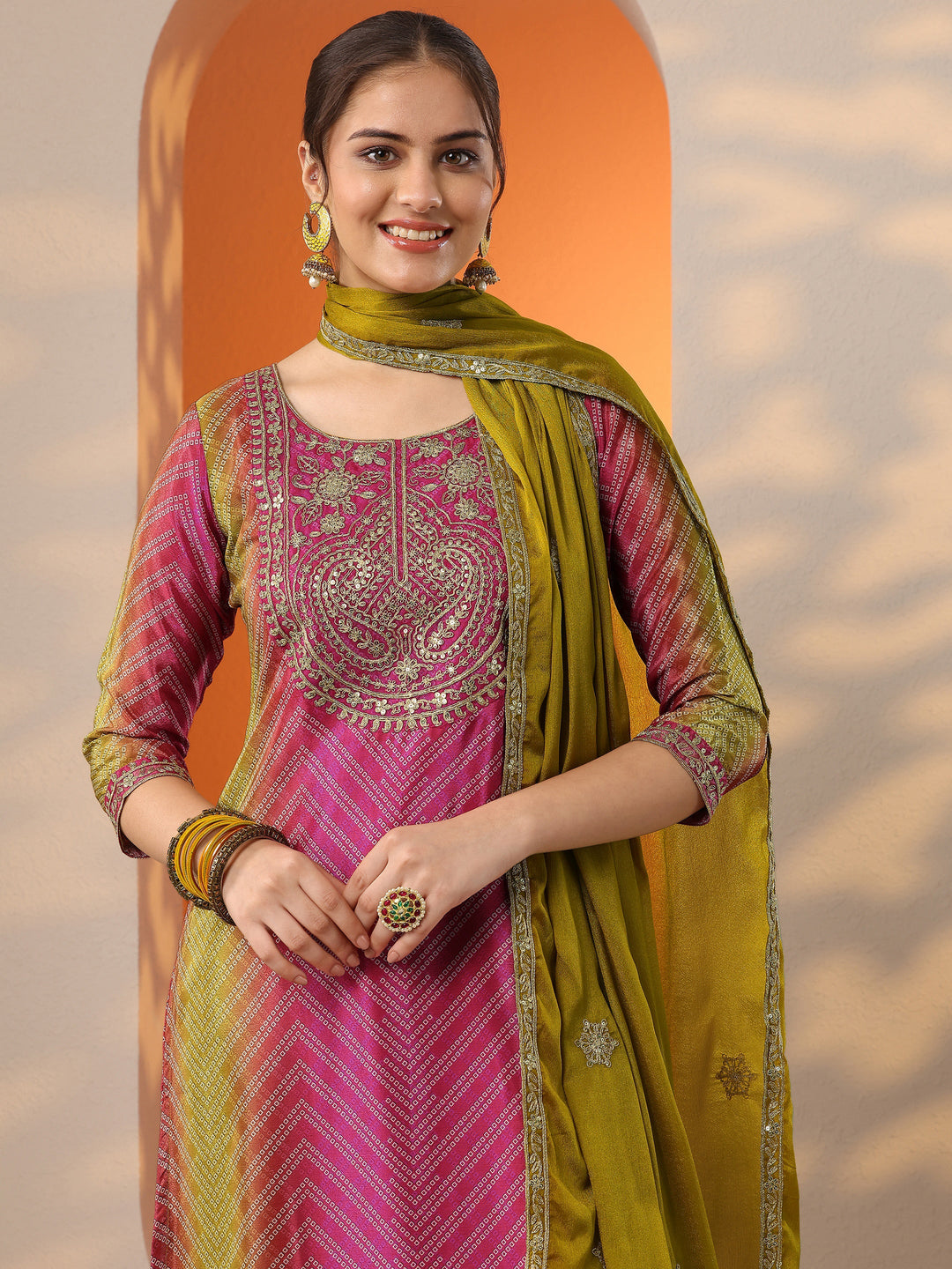 Pink Printed Chinon Straight Suit Set With Dupatta