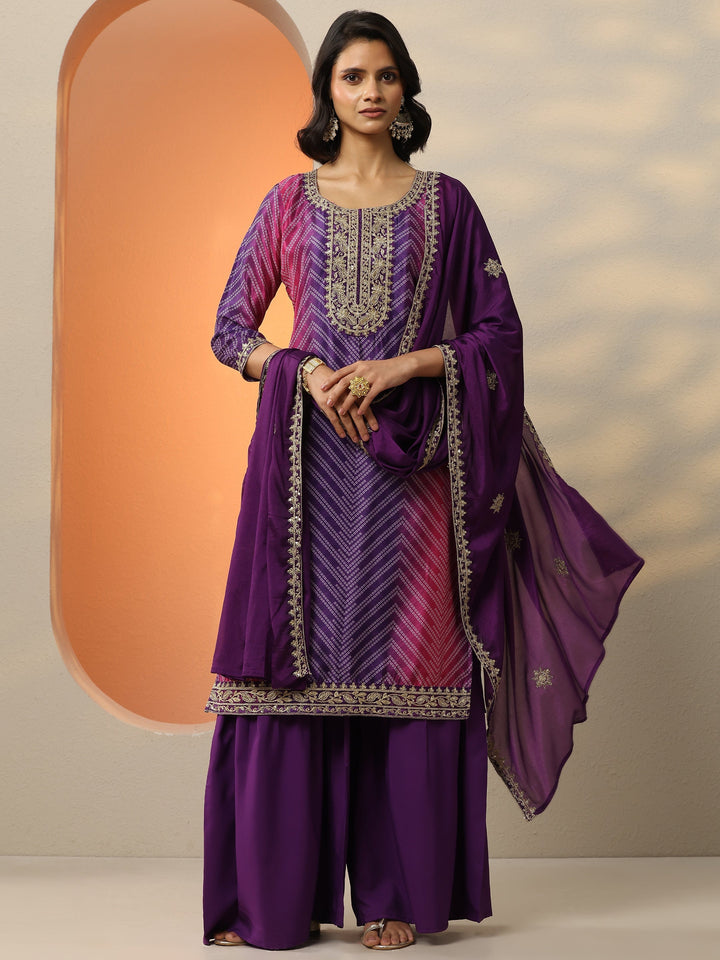 Purple Printed Chinon  Straight Suit Set With Dupatta