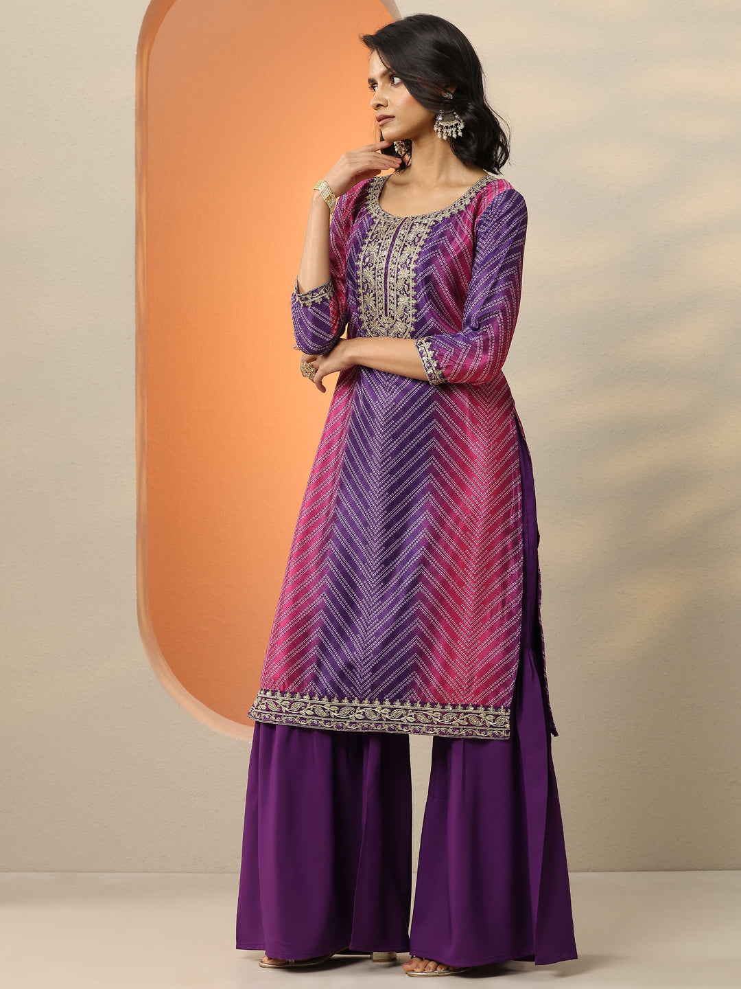 Purple Printed Chinon  Straight Suit Set With Dupatta