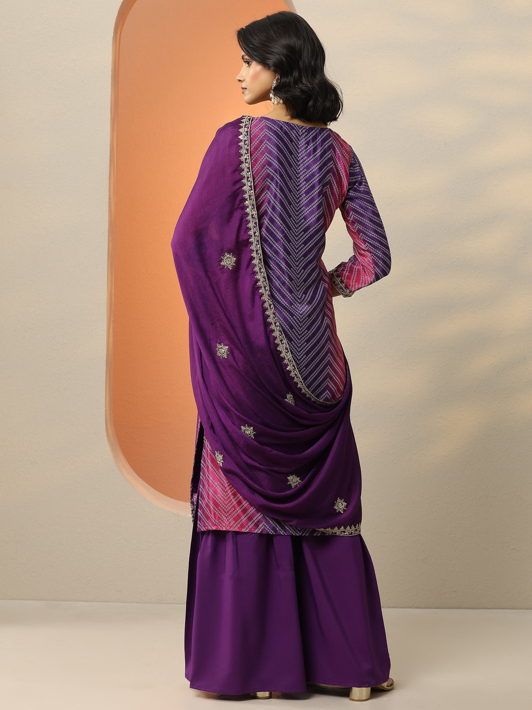 Purple Printed Chinon  Straight Suit Set With Dupatta