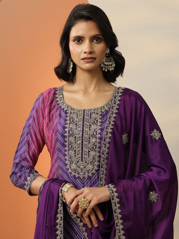 Purple Printed Chinon  Straight Suit Set With Dupatta