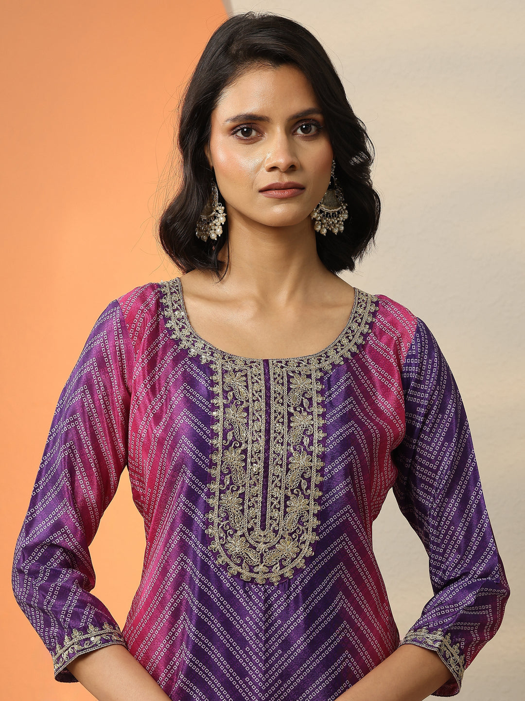 Purple Printed Chinon  Straight Suit Set With Dupatta