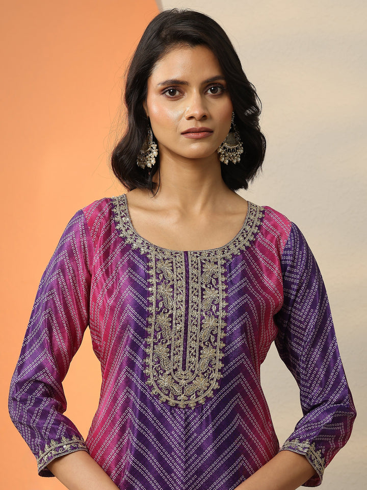 Purple Printed Chinon  Straight Suit Set With Dupatta