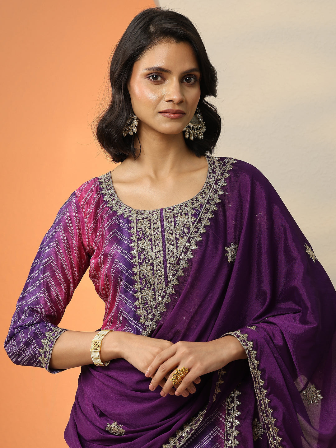 Purple Printed Chinon  Straight Suit Set With Dupatta