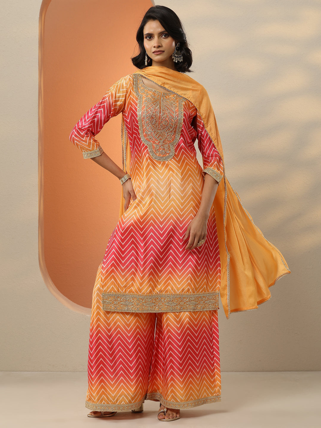 Orange Printed Chinon  Straight Suit Set With Dupatta