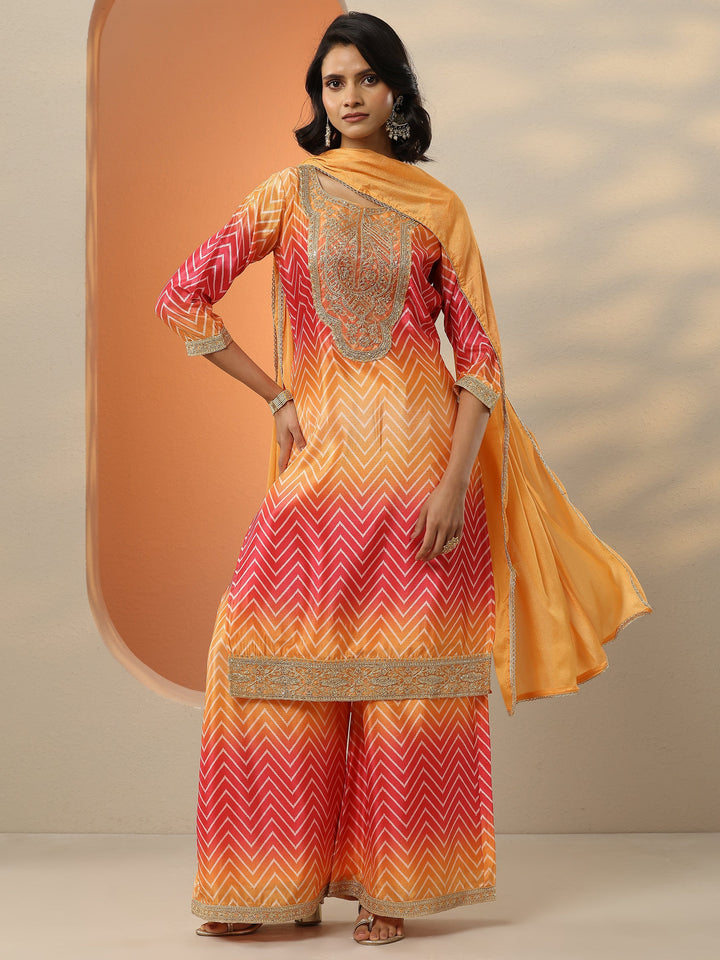 Orange Printed Chinon  Straight Suit Set With Dupatta