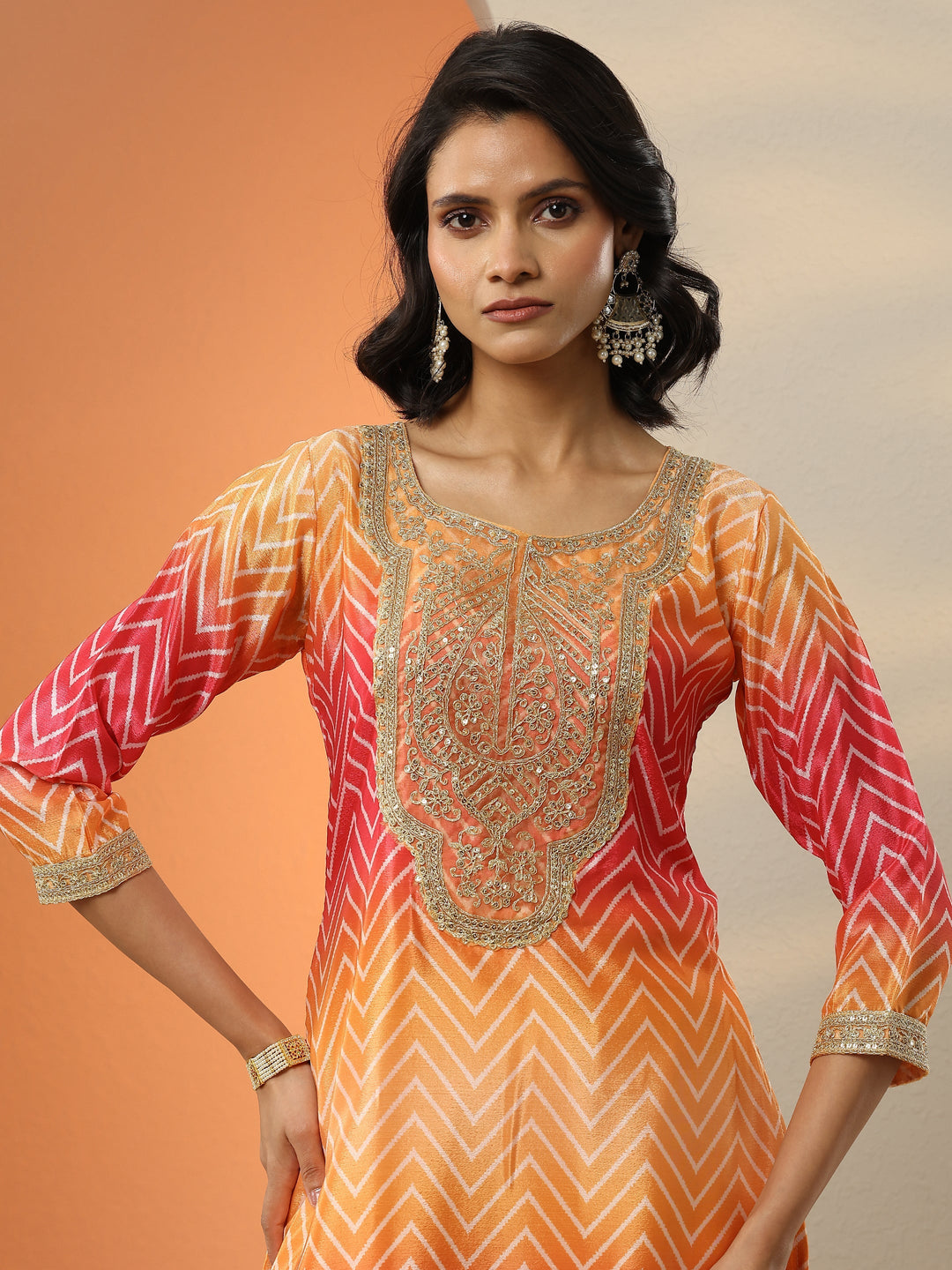 Orange Printed Chinon  Straight Suit Set With Dupatta