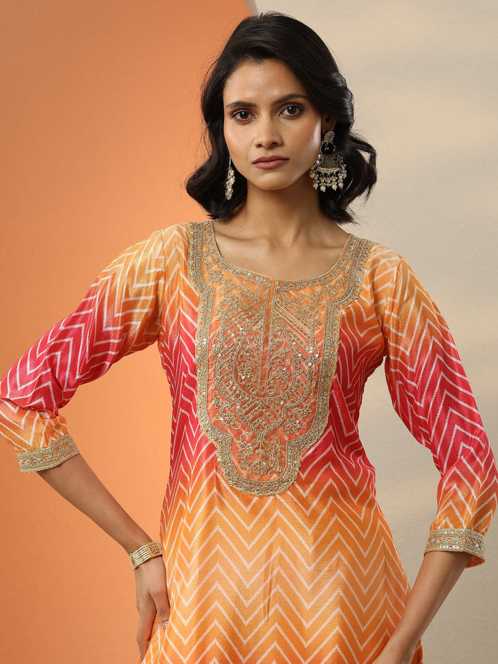 Orange Printed Chinon  Straight Suit Set With Dupatta