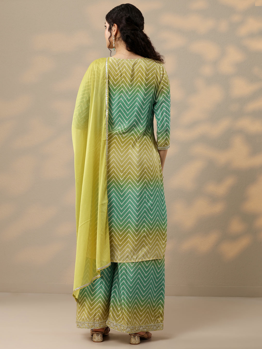 Green Printed Chinon Straight Suit Set With Dupatta