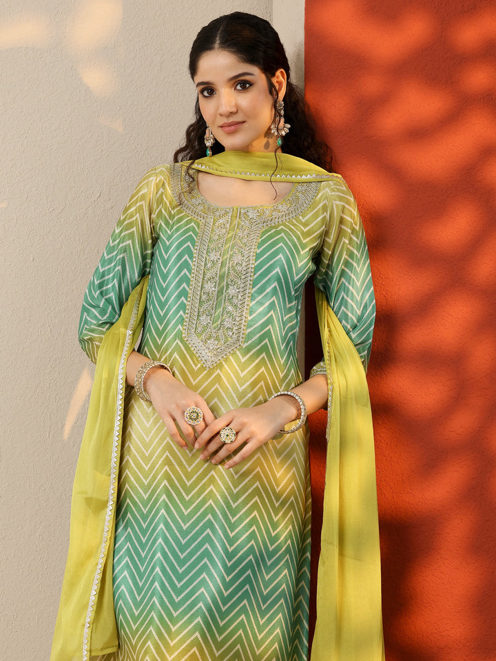 Green Printed Chinon Straight Suit Set With Dupatta