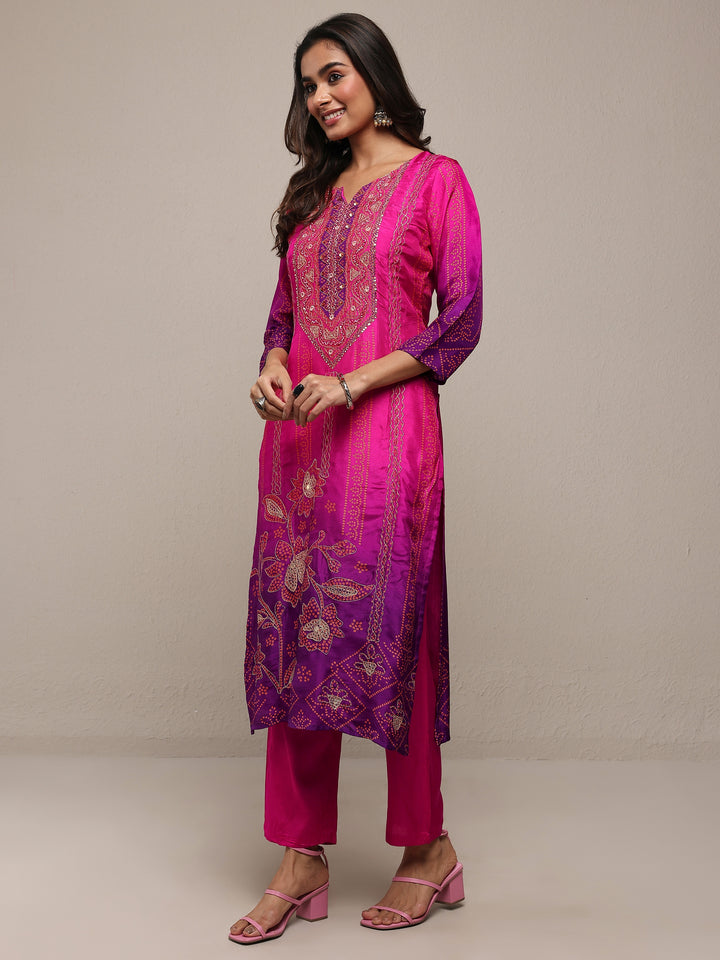 Pink Printed Silk Blend Straight Suit Set With Dupatta