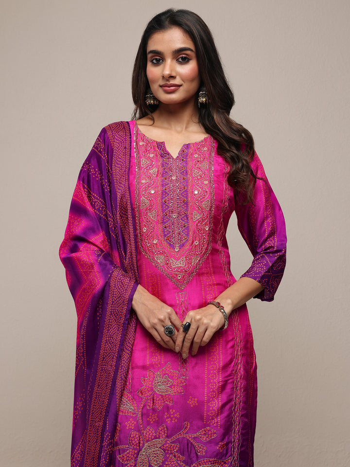 Pink Printed Silk Blend Straight Suit Set With Dupatta