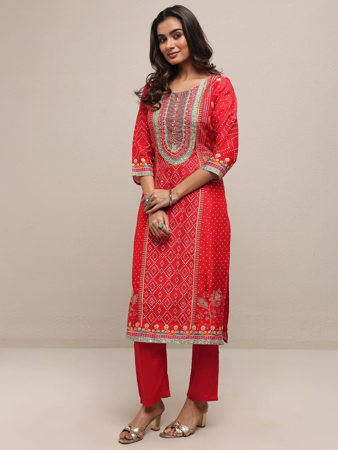 Red Printed Silk Blend Straight Suit Set With Dupatta