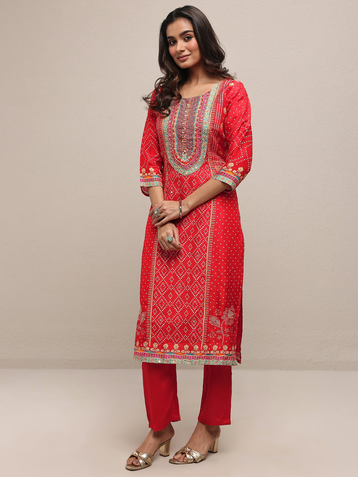 Red Printed Silk Blend Straight Suit Set With Dupatta