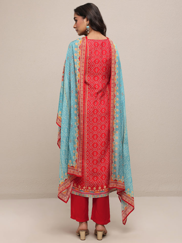 Red Printed Silk Blend Straight Suit Set With Dupatta
