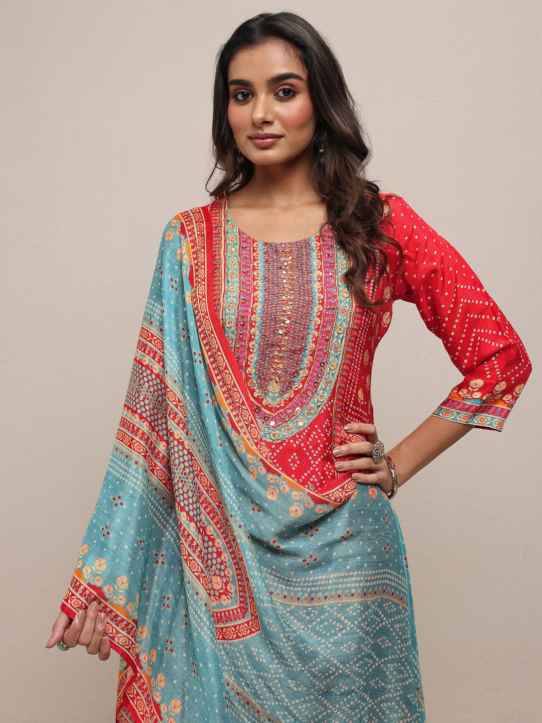 Red Printed Silk Blend Straight Suit Set With Dupatta