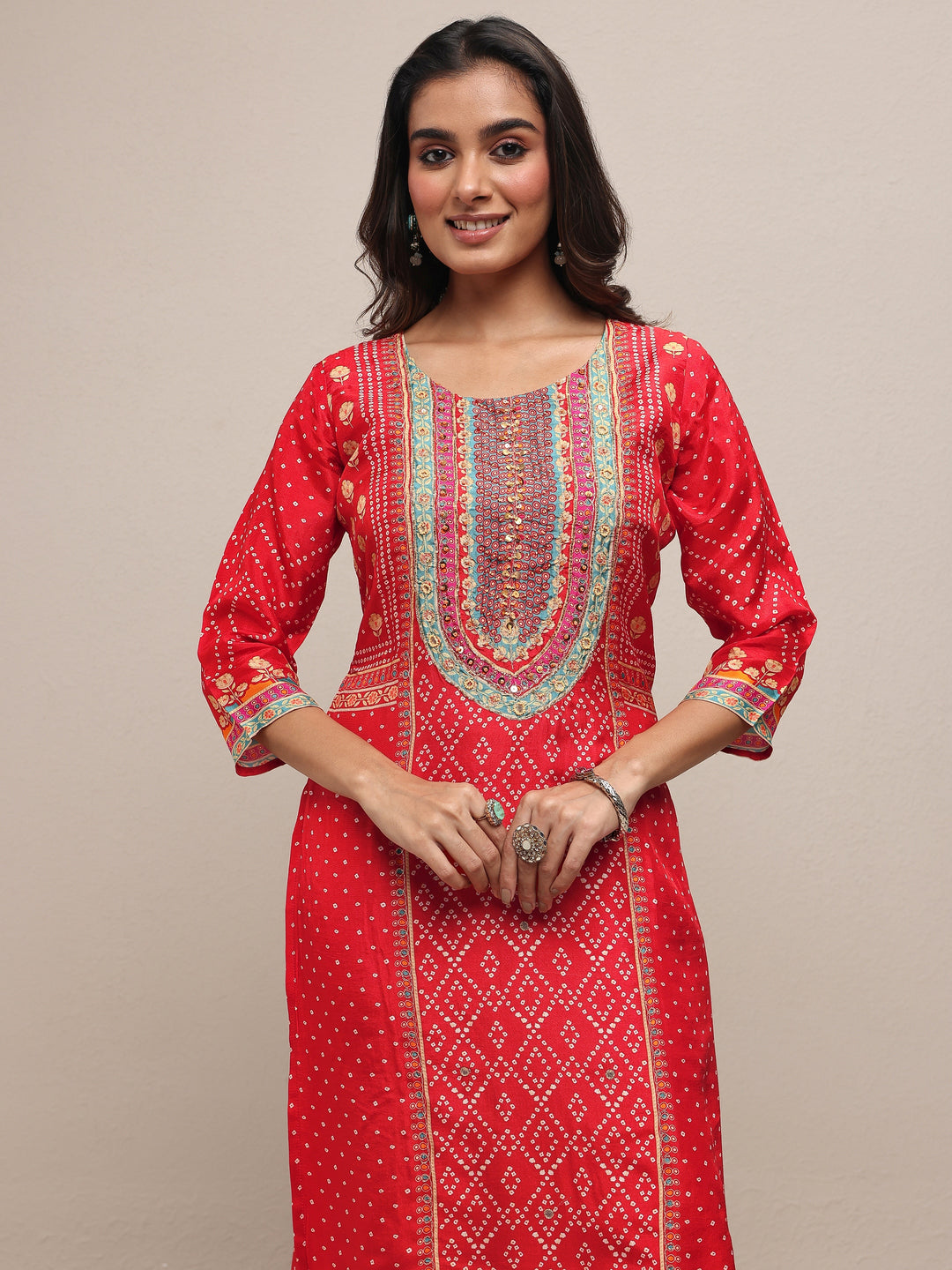 Red Printed Silk Blend Straight Suit Set With Dupatta