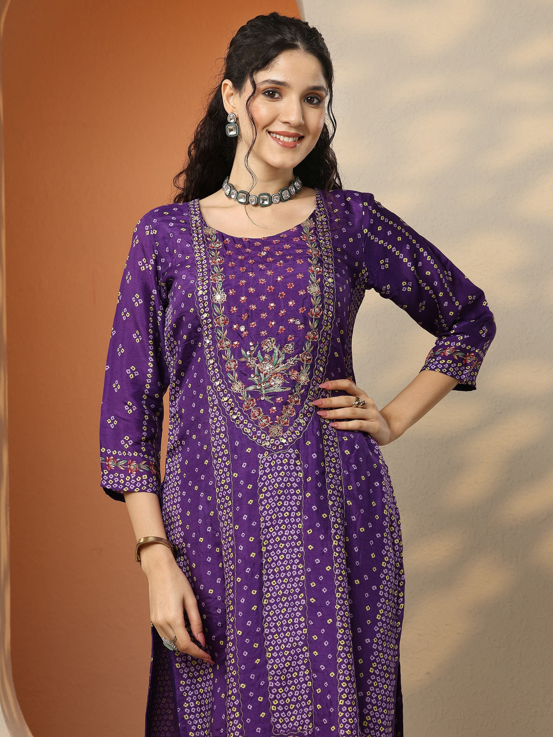 Purple Bandhani Printed Silk Blend Straight Suit Set With Dupatta