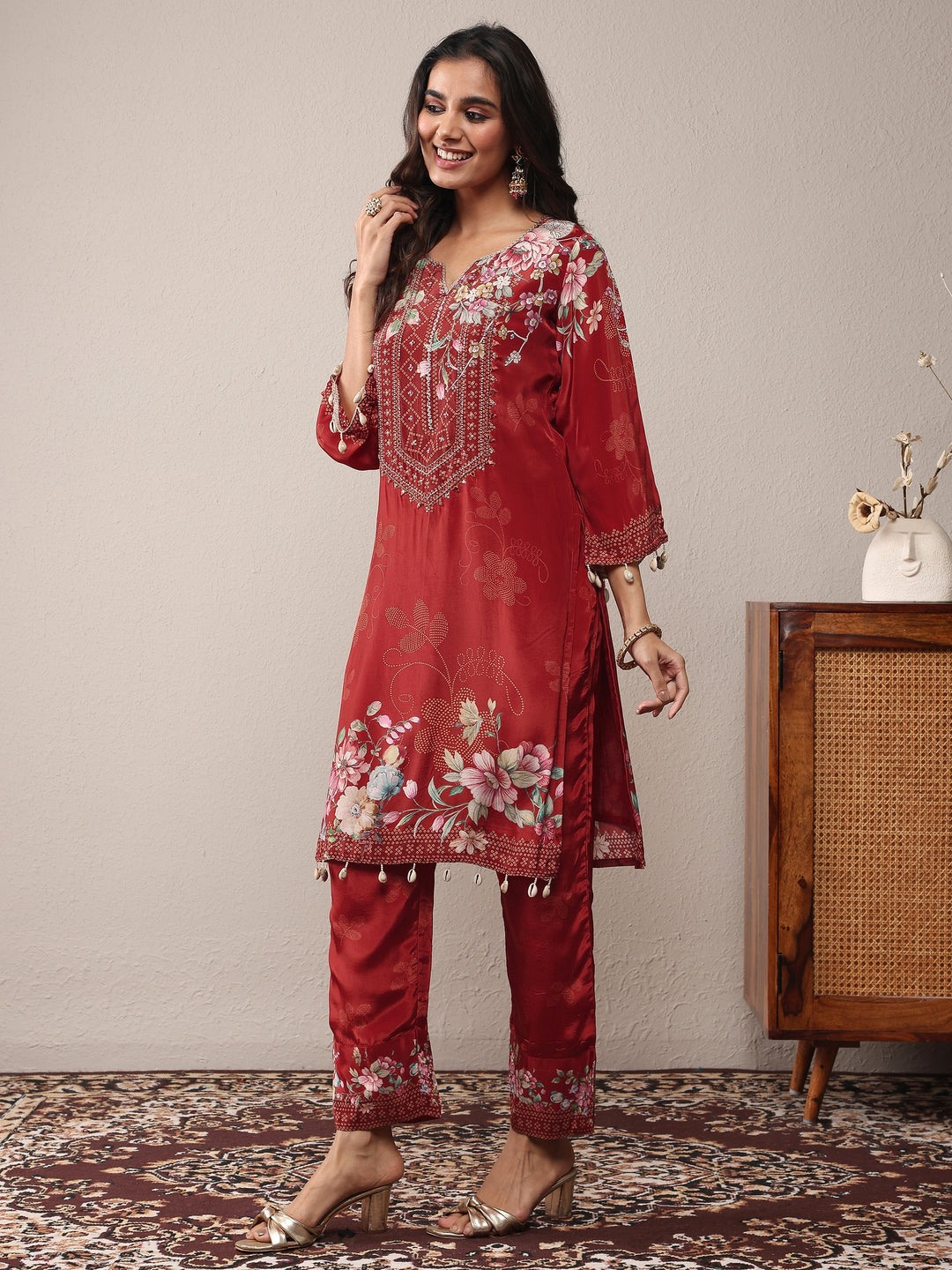 Libas Art Maroon Printed Silk Crepe Straight Suit Set With Dupatta