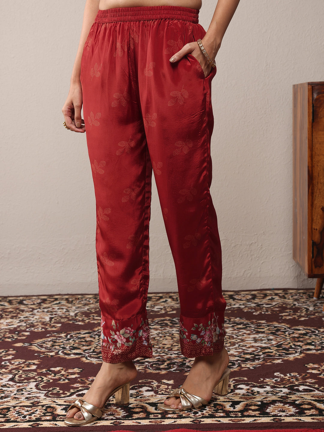 Libas Art Maroon Printed Silk Crepe Straight Suit Set With Dupatta