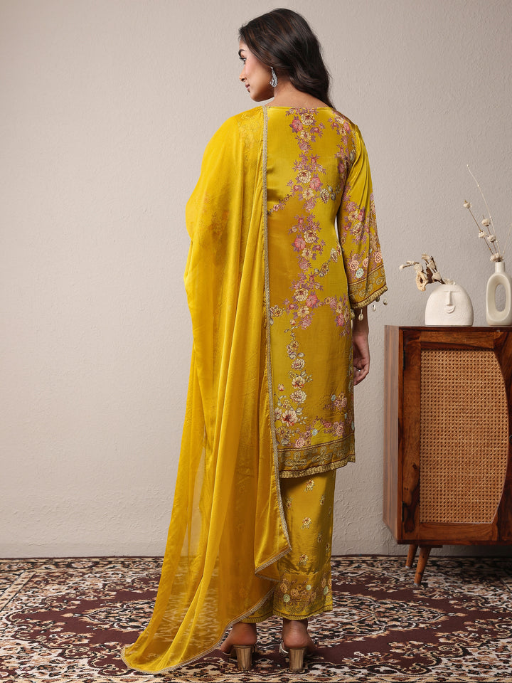 Libas Art Mustard Printed Silk Crepe Straight Suit Set With Dupatta