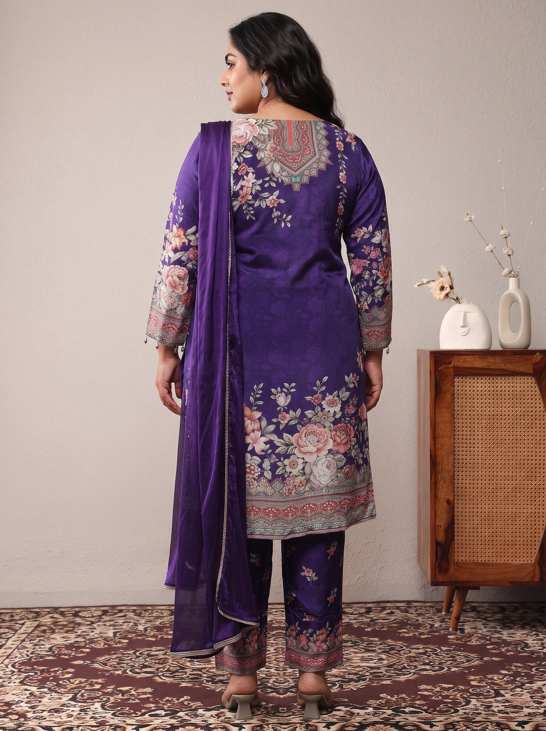 Plus Size Purple Printed Silk Crepe Straight Suit Set With Dupatta