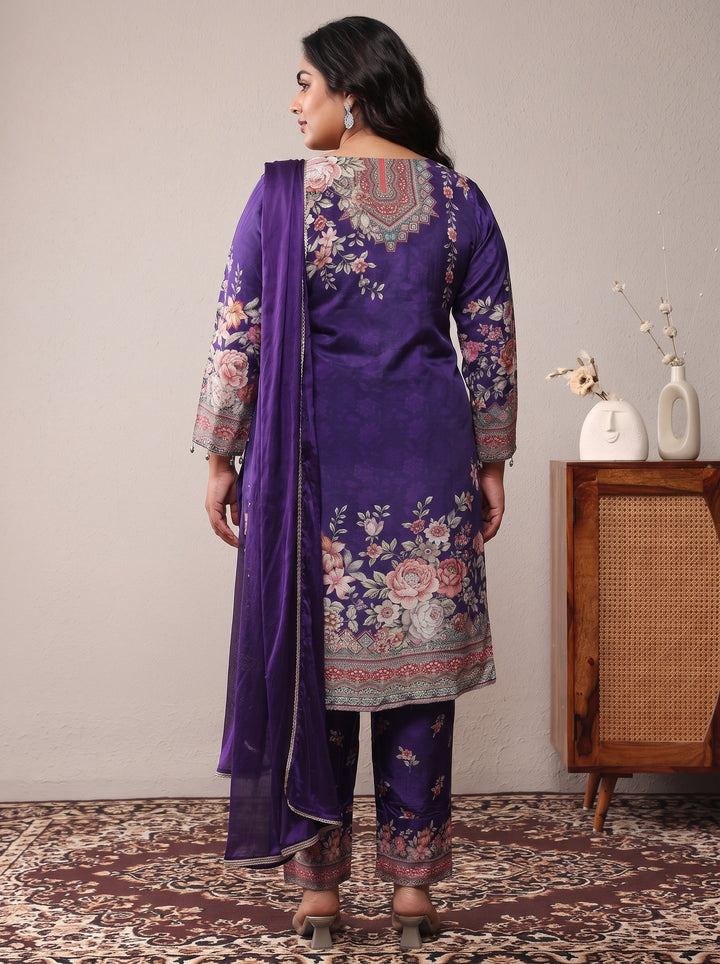 Plus Size Purple Printed Silk Crepe Straight Suit Set With Dupatta