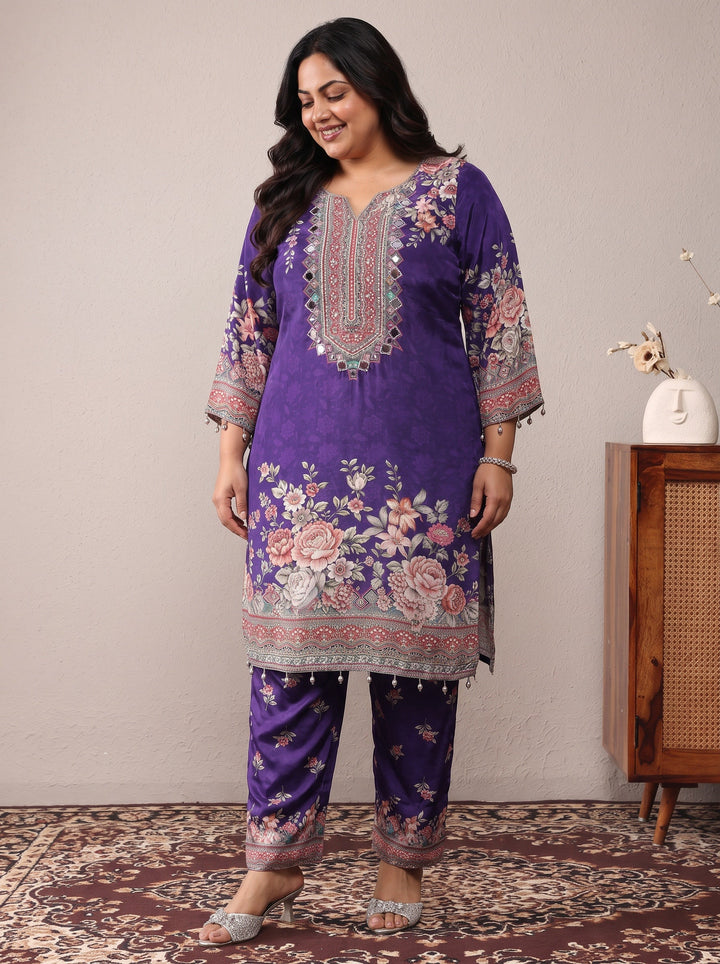 Plus Size Purple Printed Silk Crepe Straight Suit Set With Dupatta